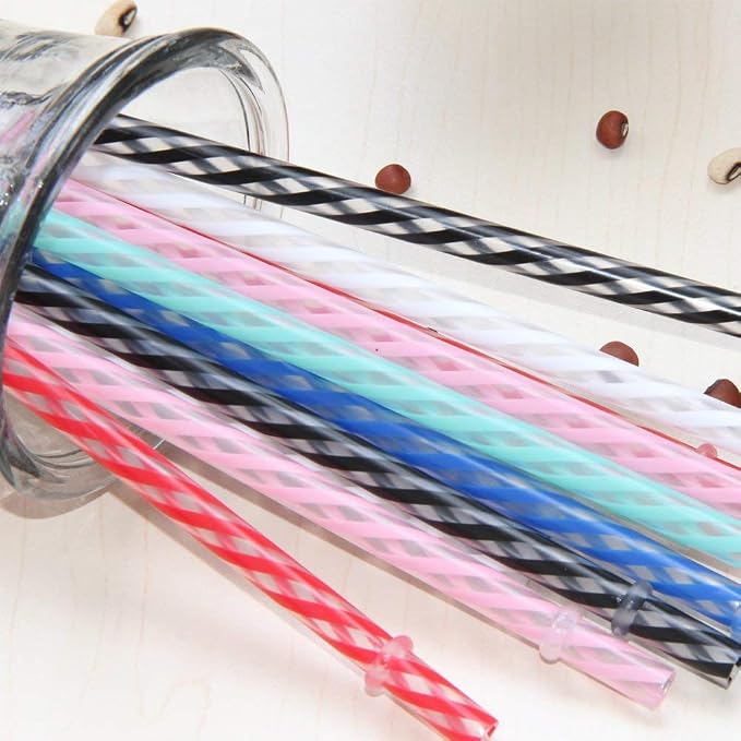 Dakoufish 12 Piece 9 Inch Reusable Plastic Thick Drinking Straws BPA Free Mason Jar Straws transparent small Stripe 6 Colors (9inch Pink)