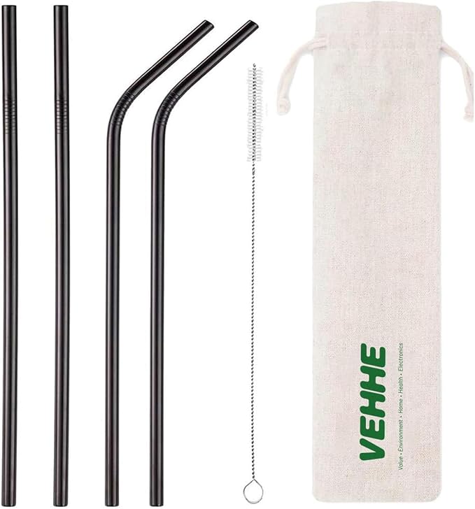 VEHHE Black Metal Straws Reusable Stainless Steel Straws with Cleaning Brush for 20/30 Oz for Yeti RTIC SIC Ozark Trail Tumblers (Black 2 Straight|2 Bent|1 Brush)