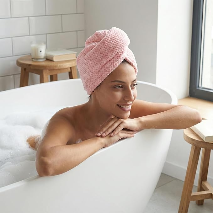 REDKISS Microfiber Hair Towel Wrap for Women, Double Sided Hair Towels with Elastic Strap, Super Absorbent Quick Dry Hair Drying Towel for Long, Thick, Curly Hair, Anti-Frizz Turban (Pink & White)