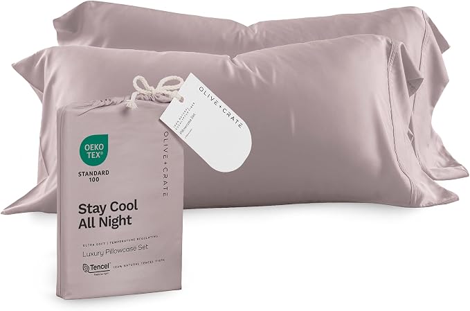 Olive + Crate Tencel Eucalyptus Pillowcases - 100% Tencel Lyocell Cooling Pillow Cases for Hot Sleepers - Hypoallergenic, Moisture-Wicking, Silk Alternative, Vegan - Queen Size Set of 2 [Dusk]