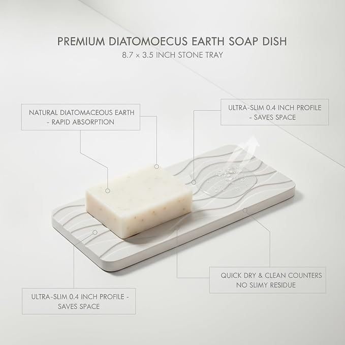 Diatomaceous Earth Soap Dish, Rectangular Stone Bar Soap Holder for Bathroom Sink & Shower, Absorbent Tray (8.7 x 3.5 Inch)