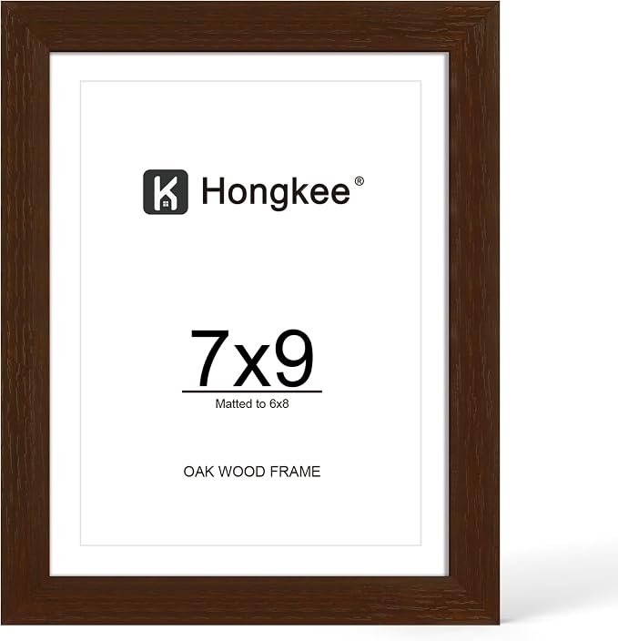 Hongkee 7x9 Oak Wood Picture Frame 1 Pack(Matted 6x8) with Real Glass Cover | Walnut, 7 x 9 Solid Wood Frame for Wall or Tabletop Display - Includes Easel Back, Vertical Hang - Ideal for Home, Office