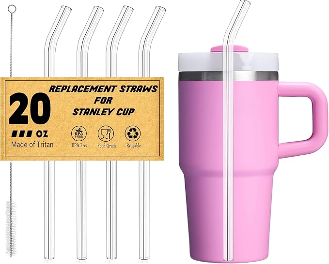 4 Pack Replacement Clear Straws for Stanley 20 oz 14oz Tumbler, 8.85 inch Reusable Plastic Straws for Yeti 30oz 25 oz 26 oz 20 oz Tumbler, Mason Jar 16oz Venti Cup with Brush, Made of Tritan（Bend）