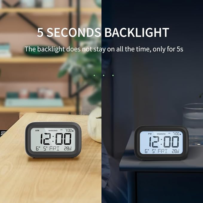 DOOMAY Digital Alarm Clock Bedside - Battery Powered Clock with LCD Display Volume Adjustable Snooze and Weekend Mode for Bedroom Office Desk Travel - Black