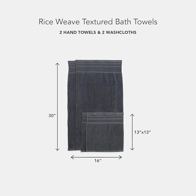 Texere 100% Organic Cotton Rice Weave Jacquard 700 GSM Luxury Bath Towel Sets - Ultra Soft and Absorbent Hotel and Spa Quality (Rice Weave, Charcoal, 2 Hand & 2 Face Towels)