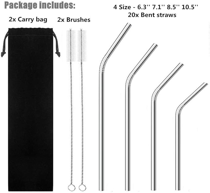 Reusable Stainless Steel Drinking Straws, 20 Pcs 4 Size - 6.3'' 7.1'' 8.5'' 10.5'', BPA Free Long Short Smoothie Drinking Curved Bent Straws With 2 Brushes and Carry bag, Fit for 10/20/30 oz Tumblers