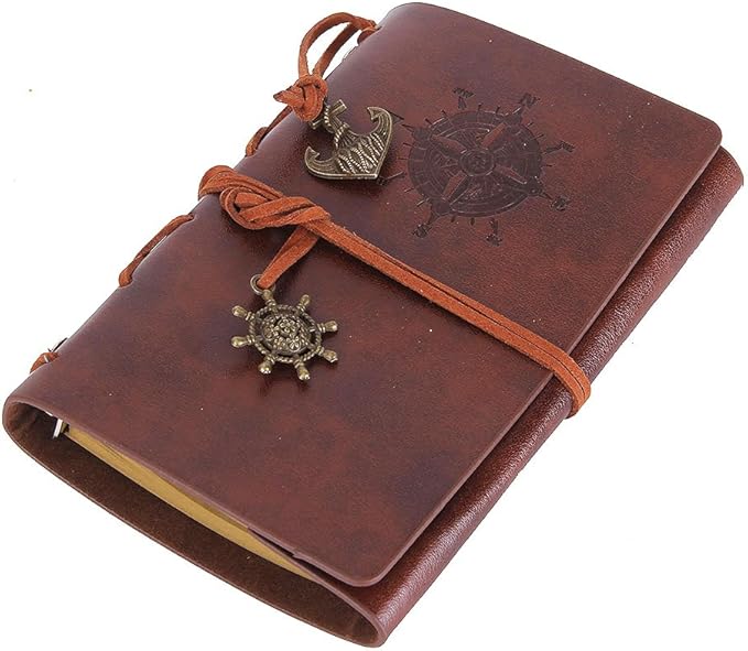 EvZ Vintage Leather Journal - 5" Refillable Coffee Brown Notebook with Anchor & Rudder Pendants - Small Spiral Blank Diary for Travel, Writing & Art - Classic Embossed Nautical Sketchbook