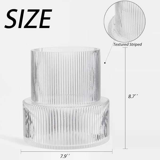 Ribbed Glass Vase, Large Glass Vase for Flowers, Fluted Glass Vases, Clear Glass Vases for Living Room, Office, Dining Table, Entryway, Mantle, Shelf, Wedding, 9 Inches