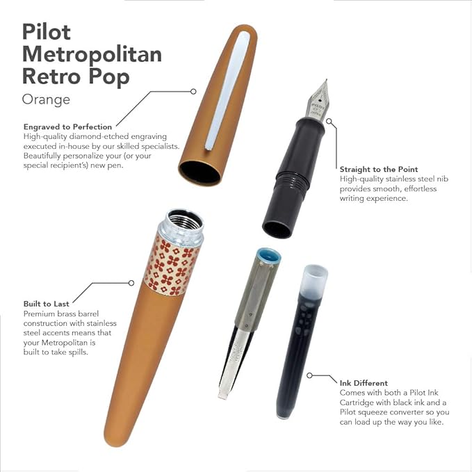 Goldspot Personalized Pilot Metropolitan Retro Pop Fountain Pen in Custom Engraved Pen in Orange