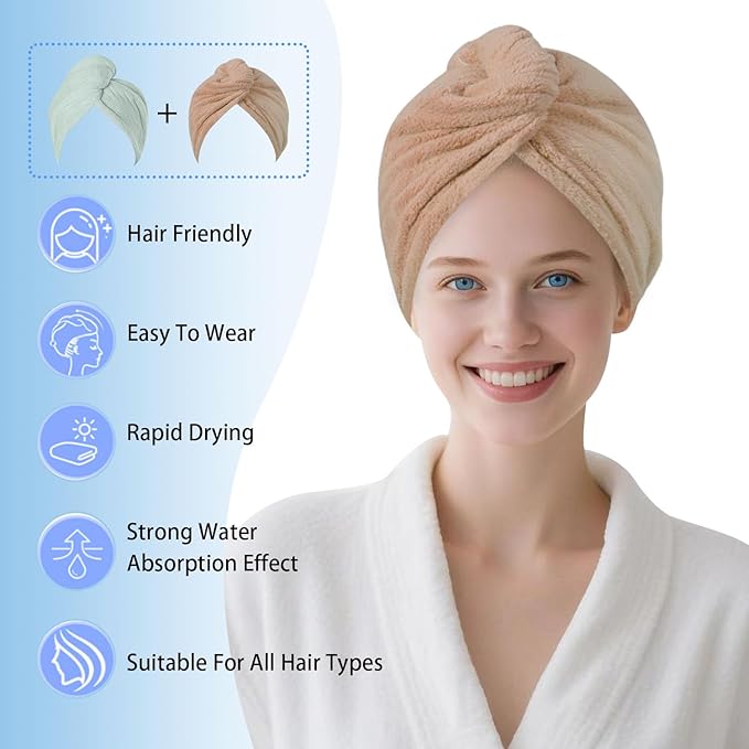 Microfiber Hair Drying Towel Wrap for Women, Hair Turbans Towel for Wet Hair,turbie Twist Hair Towels(The Color of the Picture is for Reference only) (Brown,Light Green)