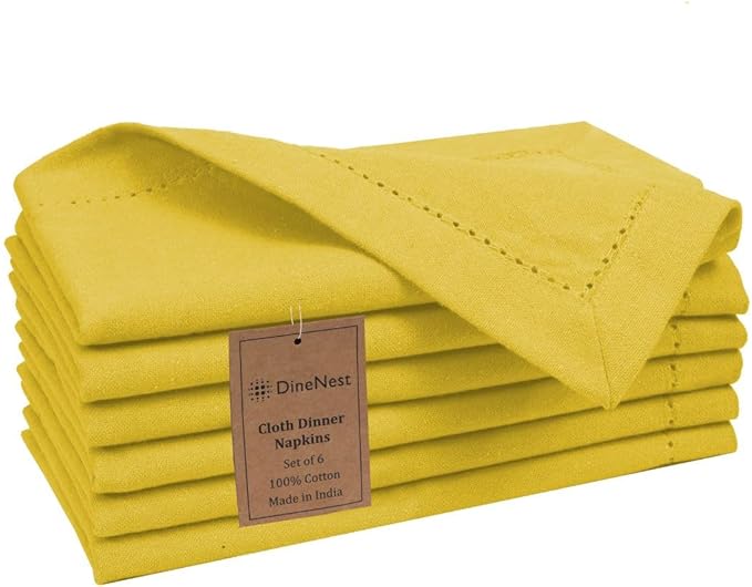 Hemstitch Cloth Dinner Napkins 100% Cotton Set of 6 - for Dining Special Occasions Weddings Parties Holidays Easter - Soft Durable Reusable - Elegant 18x18 Inch Table Cloth Napkins Yellow