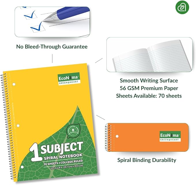 Subject Book Spiral Notebook Pack of 24 College Ruled 140 Pages (70 Sheets) 8" × 10.5" Perforated Carbon Neutral 3-Hole Punched Back to School 2026 Eco-Friendly School & Office Supply Assorted Colors