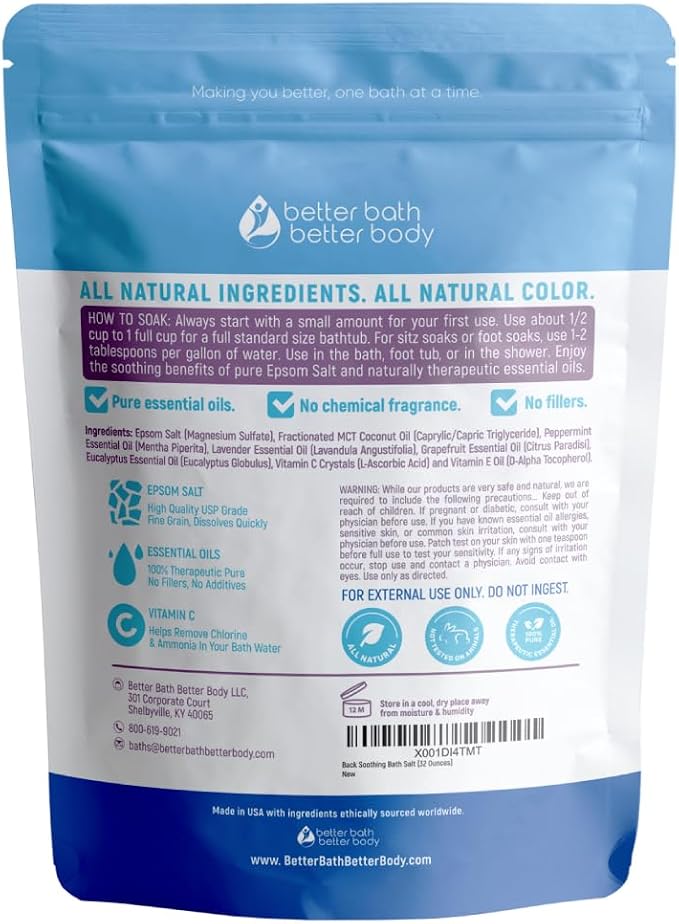Back Soothing Bath Salt 32 Ounces Epsom Salt with Natural Bergamot, Lavender, Eucalyptus and Peppermint Essential Oils Plus Vitamin C in BPA Free Pouch with Easy Press-Lock Seal