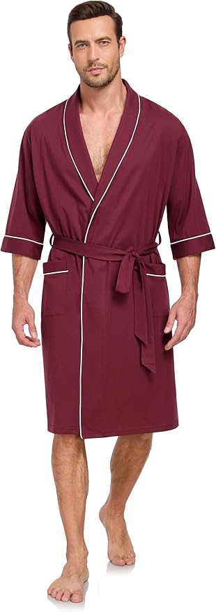 COLORFULLEAF 100% Cotton Men’s Summer Bathrobe Lightweight & Breathable Short Sleeve Kimono Robe with Pockets