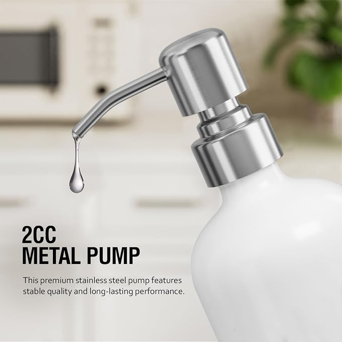 MOMEEMO White Soap Dispenser Kitchen Set, Contains Hand Soap Dispenser and Dish Soap Dispenser with Ceramic Tray, Suitable for Modern Farmhouse Decor. (White)