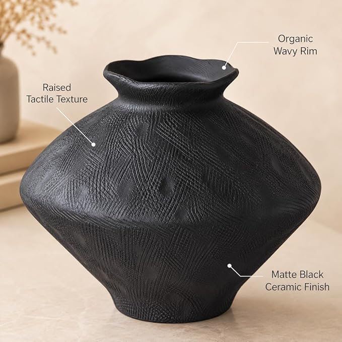 Large Wabi Sabi Black Vintage Ceramic Vase, 11" Rustic Pottery Vase for Centerpieces, Wabi Sabi Decor Flower Vases for Table, Living Room, Bedroom, Bathroom, Kitchen, Farmhouse Home Decor Gifts
