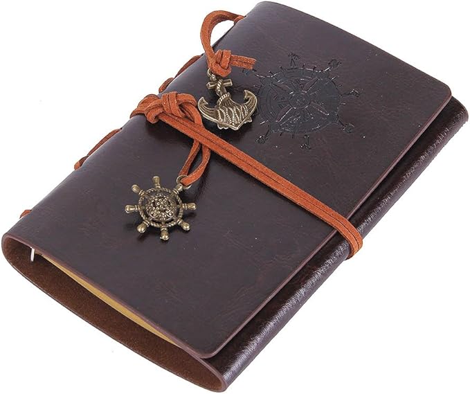 EvZ Vintage Leather Journal - 5" Refillable Nautical Writing Notebook with Anchor & Rudder Pendants - Small Spiral Blank Sketchbook for Travel, Poetry & Art - Classic Embossed Diary, Coffee