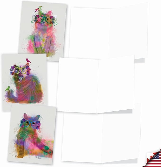 The Best Card Company - Assorted Kittens Watercolor Blank Greeting Box Set - Incl. 10 Unique Design Notecards + Envelopes for Thank You, Invitation - Funky Rainbow Cats AM6199OCB-B1x10