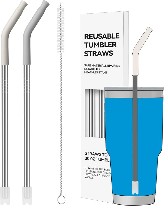 2 PCS 30oz Reusable Straws Ideal for 30oz Stanley Cup & 24oz Tumblers | Stainless Steel Drinking Straw with Anti-Clank Silicone Bottom, Fits Most Medium-Size Mugs