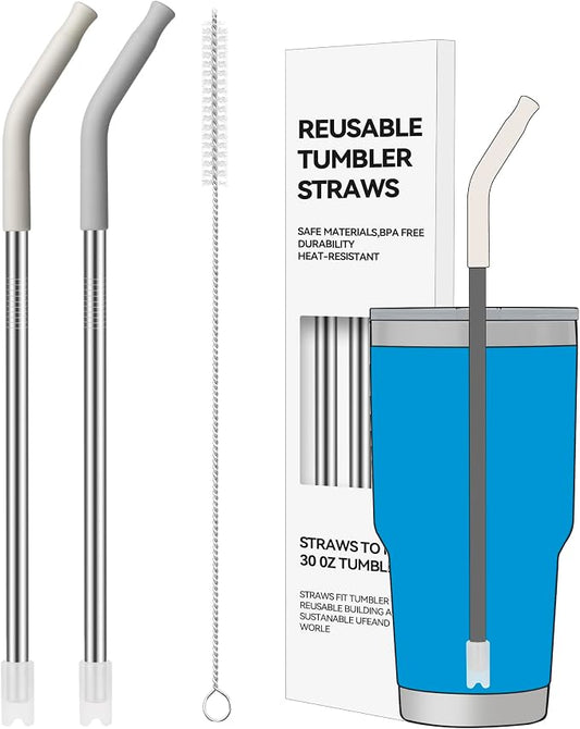 2 PCS 30oz Reusable Straws Ideal for 30oz Stanley Cup & 24oz Tumblers | Stainless Steel Drinking Straw with Anti-Clank Silicone Bottom, Fits Most Medium-Size Mugs