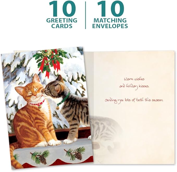 Tree-Free Greetings Kitten Kiss Holiday Cards - 10 Recycled 5x7 Cards & Matching Envelopes, Thick Cardstock, Sustainably Made in USA - Sweet Loving Joy