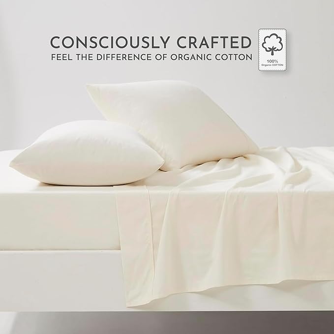Linen Closet 100% Organic Cotton Full Size Sheets Set - 4 Pcs Percale Weave Cooling Bed Sheets for Hot Sleepers - 16" Deep Pocket Fitted Sheet - Crisp, Breathable & Brushed for Softness - Fresh Ivory