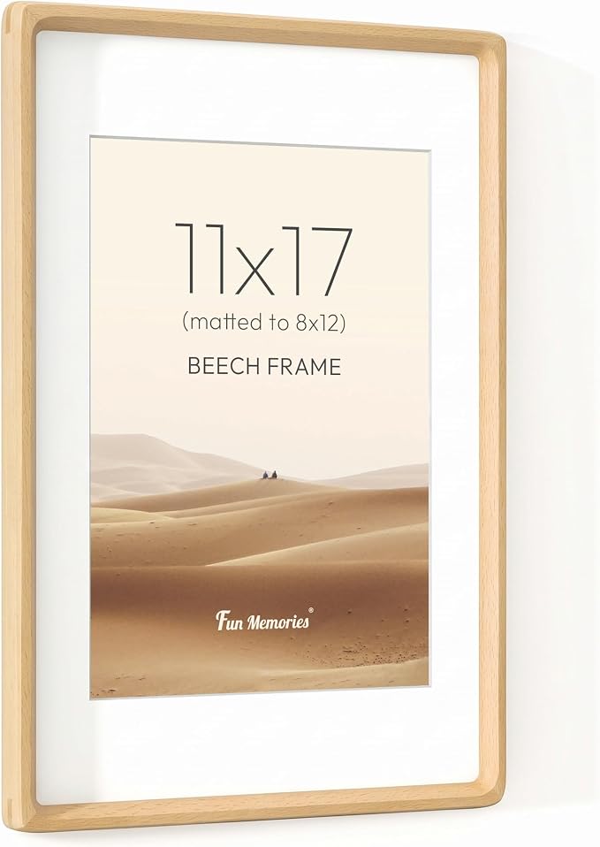 11x17 Picture Frame, USA-Sourced Beech Wood Photo Frames with HD Tempered Glass, Handcrafted Rounded Corner 11 x 17 Wooden Frame Matted to 8x12 Photos, 11x17 Frames, Tabletop or Wall Display