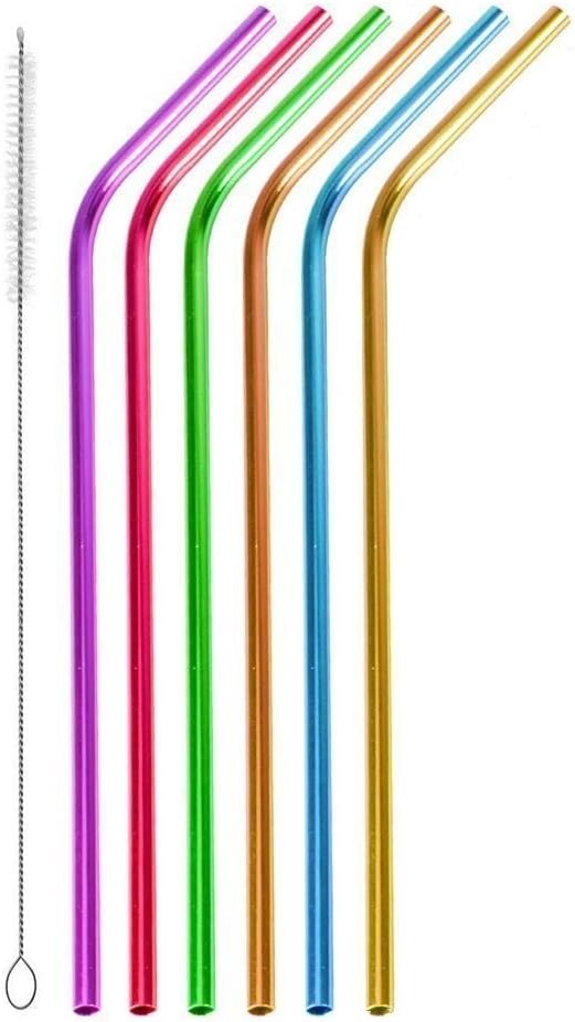6Pcs 10.5"Drinking Straws, Stainless Steel Straws,, Reusable Metal Straws, Rainbow Colorful Straws for 20 30oz Stainless Tumblers Rumblers Cold Beverage, Free Cleaning Brush Included, Bent