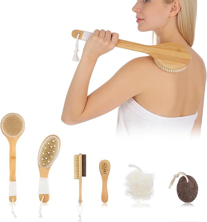 6PCS Dry Brushing Body Brush Set, Long Handle Dry Brush for Lymphatic Drainage Cellulite Treatment, Wooden Bristle Face Scrub Brush with Pumice Stone, Bath Brushing Exfoliating Back Brushes