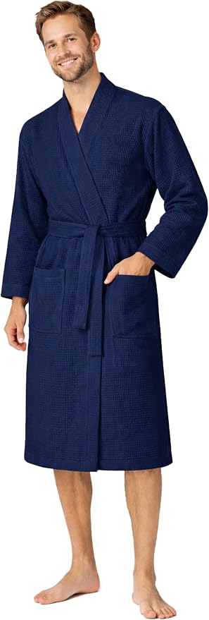 Turkish Linen Men’s Waffle Bathrobe Lightweight Kimono Spa Robe – Quick Dry Bath & Shower Robe for Men with Pockets