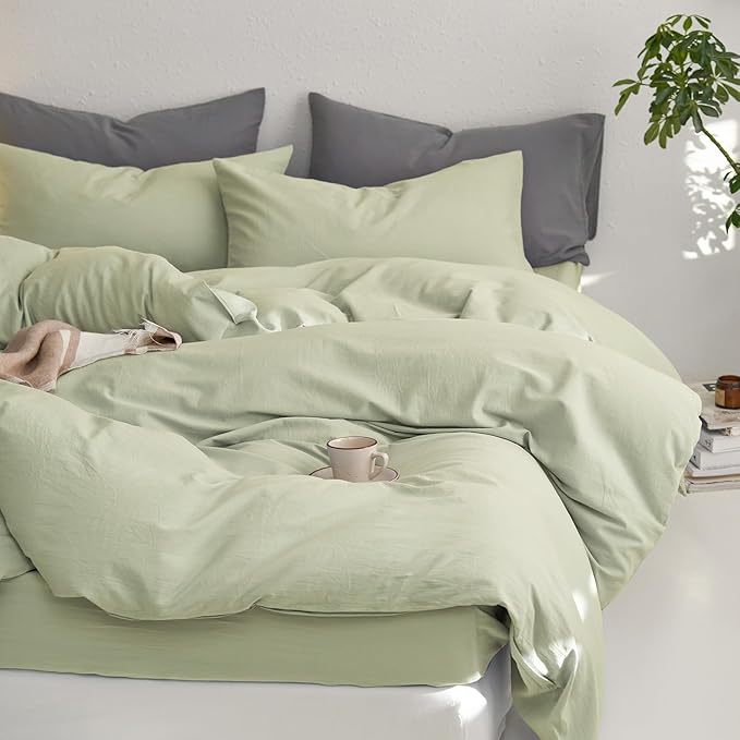 MooMee Queen Duvet Cover Set, 100% Washed Cotton Linen Like Twill Thick Sturdy Material Super Soft Breathable Durable Bedding for All Season, 3 Pieces (Mist Sage, Queen 90"x90")