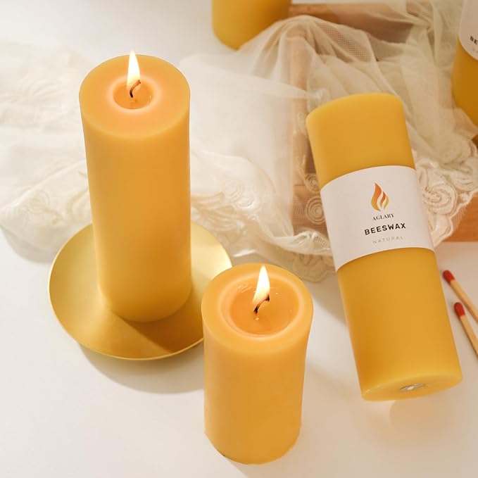 AGLARY2PCS Pure Beeswax Pillar Candles, 2-Inch Diameter x 6-Inch Height, Natural Unbleached Beeswax, Unscented, Durable & Safe for Home Decor