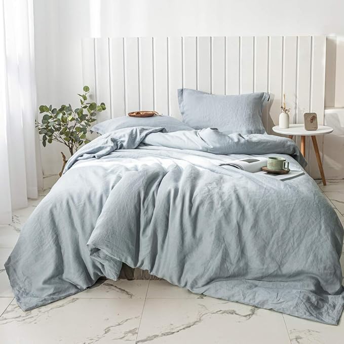 Simple&Opulence 100% Linen Duvet Cover Set 3pcs Basic Style Natural French Washed Flax Solid Color Soft Breathable Farmhouse Bedding with Button Closure - Dusty Blue, King