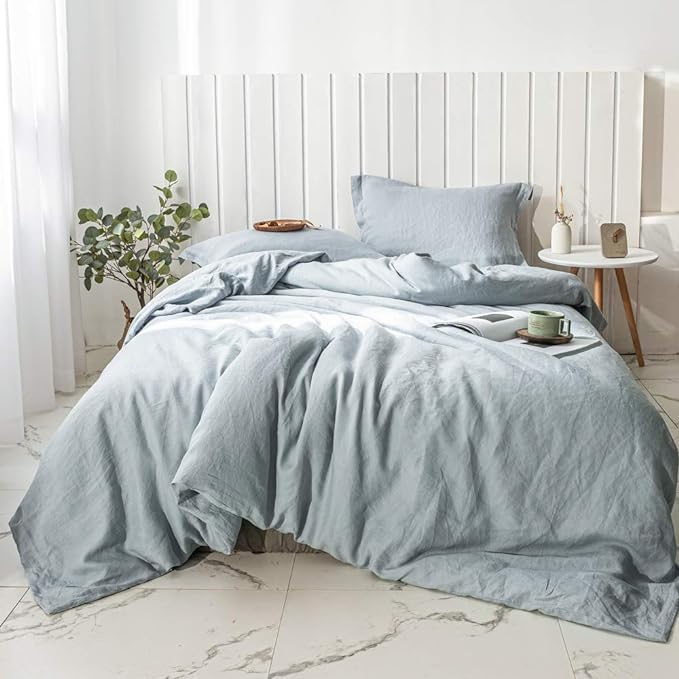 Simple&Opulence 100% Linen Duvet Cover Set 3pcs Basic Style Natural French Washed Flax Solid Color Soft Breathable Farmhouse Bedding with Button Closure - Dusty Blue, Queen