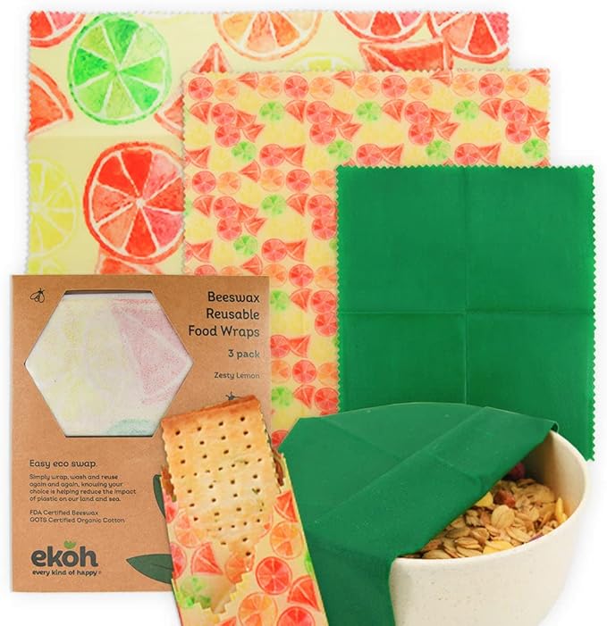 EKOH Reusable Beeswax Wraps (3pc) Retro Print | Beeswax Wrap for Food | Bees Wax | Reusable Sandwich Wrap | Sustainable Gifts | Vegan Beewax Wrapping with Natural Jojoba Oil (Zesty Lime Lemon 3 Pack)