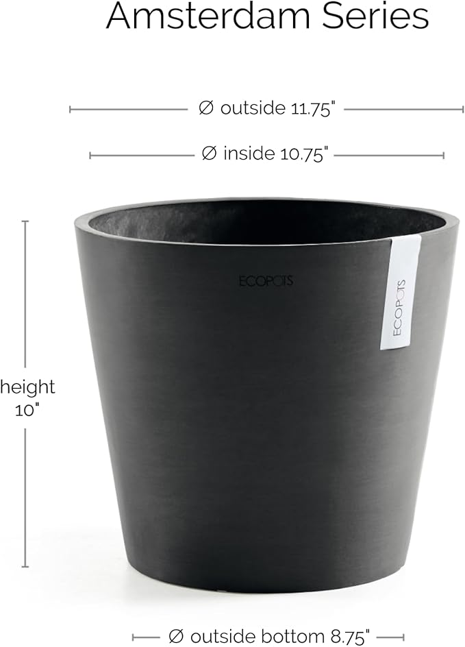 Ecopots Amsterdam Durable Modern Round Indoor/Outdoor Recycled-Based Composite Flower Pot Planter, Dark Grey, 12"