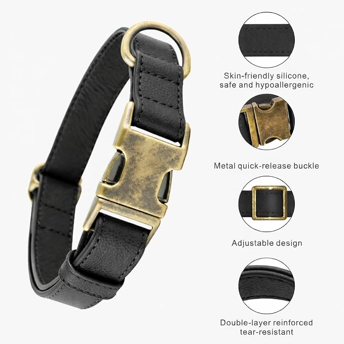 Silicone Dog Collar and Leash Set, Waterproof & Odor-Proof Puppy Collar for Small Dogs, Soft Flexible Leather-Look Dog Collars, Durable Thick Adjustable Pet Collar (Black, Large (16-24.5" Neck))