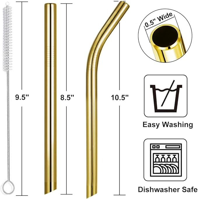 Vinaco 8.5" &10.5" Big Smoothie & Milkshake Straws, 6PCS Food-grade Stainless Steel 0.5" Wide Mouth for Bubble Tea, Smoothie, Milkshakes, Thick Drinks, Gold Metal Straws Reusable