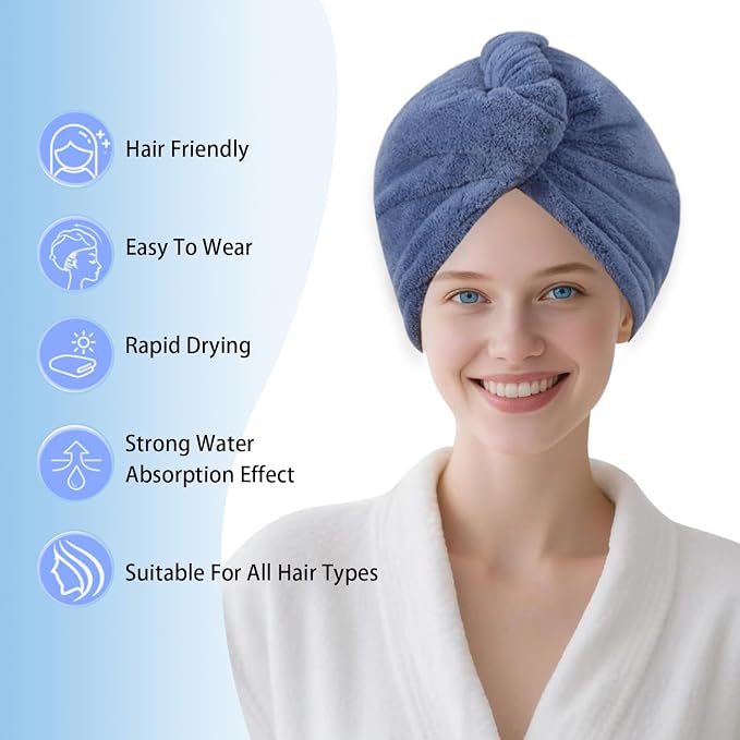 1 Pack Single Layer Dark Blue Microfiber Hair Drying Towel Wrap for Women, Hair Turbans Towel for Wet Hair,Turbie Twist Hair Towels (Dark Blue Color - Single Layer)