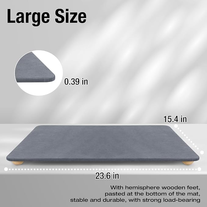 Large Stone Dish Drying Mat for Kitchen Counter, 24"×16" Quick Dry Super Absorbent Eco-Friendly Diatomaceous Earth Stone Mat with hemisphere wooden feet, Non-slip, Heat Resistant, Multi-purpose mats.
