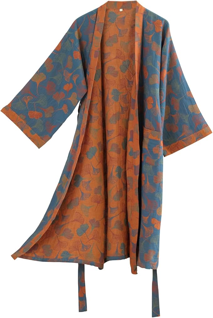 100% Cotton Gauze Ginkgo Leaf Kimono Robe, Long Knit Loose Bathrobe Nightgown Ladies Loungewear Sleepwear for Women
