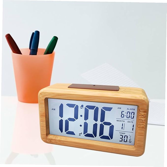 Wooden Digital Alarm Clock LED Desktop Clock with Light Sensor Natural Wood Color Non-Battery Powered for Home Bedroom Office Use