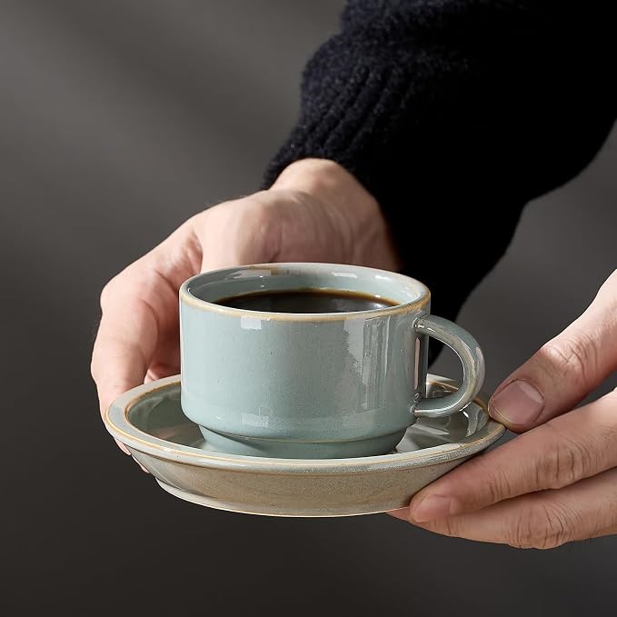 JIEMEI HOME Porcelain Stackable Espresso Cups with Saucers and Metal Stand, 4 Ounce Demitasse Cups for Latte, Cafe Mocha, Tea - Set of 6, Reactive Glaze, Wild Sage Earth Speckle