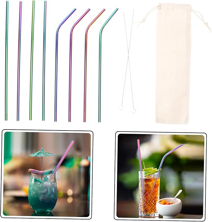 Luxshiny 304 Stainless Steel Straws Set 11-Piece Reusable Drinking Straws with Cleaning Brush and Storage Bag for Smoothies Juices and Beverages