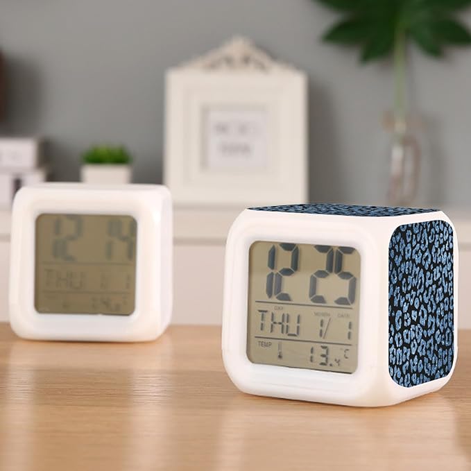 Digital Alarm Clock,Blue Leopard Glitter Print 7 Color Change LED Digital Alarm Clock with Date Thermometer for Toddlers,Girls and Boys