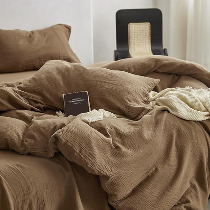 Muslin Duvet Cover Set 100% Cotton Queen Size,Double-Layer Linen Like Gauze Comforter Cover Brown 3 Pieces,Okeo-tex 100 Certified Duvet Cover 90"x90" with 2 Pillowcases for All Season