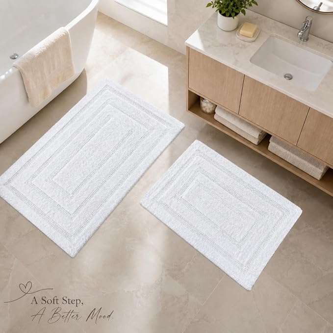 Bedding Craft Bathroom Bath Mat Rug Set of 2, 17x24 + 21x34, Off White | 100% Cotton, Reversible, Absorbent, Machine Washable, Soft Mats for Tub Side