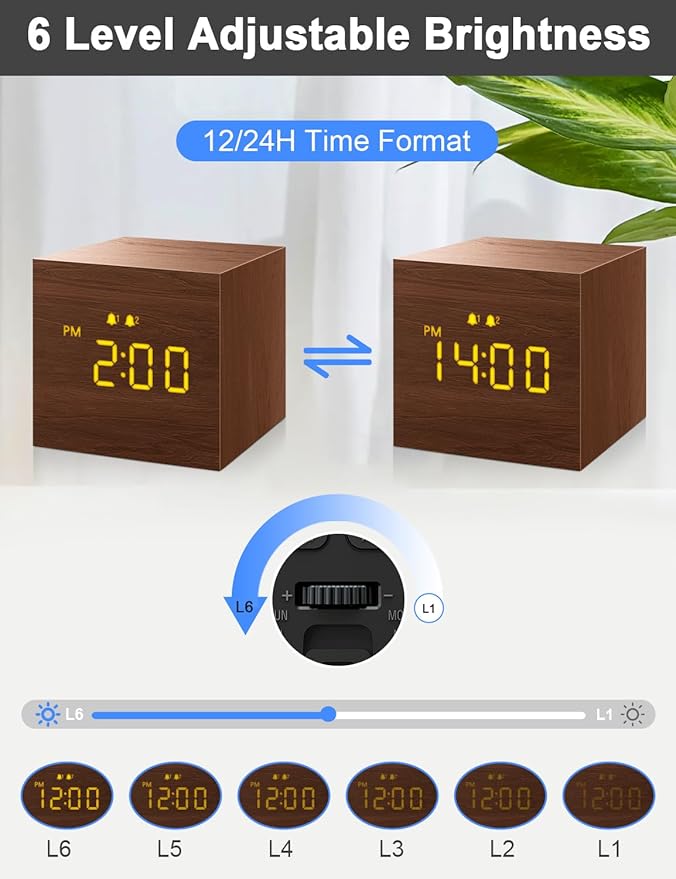 Digital Alarm Clock, with Wooden Electronic LED Time Display, 3 Alarm, 2.5-inch Cubic Small Mini Wood Made Electric Clocks for Bedroom, Bedside, Desk, Brown