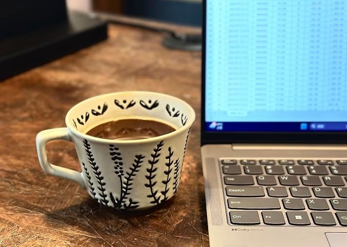 Handmade 12oz Coffee Mugs, Ceramic Coffee Mugs with Leaves Patterns for Man, Woman Modern Coffee Mug for Latte Cappuccino Cocoa, Dishwasher Microwave Safe, Stoneware Cup, Special Gifts, Lavender