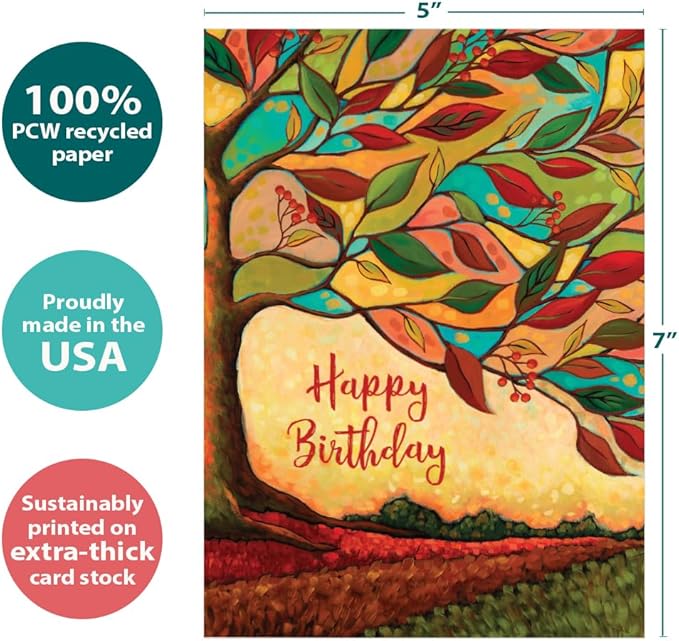 Tree-Free Greetings - Birthday Cards - Artful Designs - 1 Card + Matching Envelope - Made in USA - 100% Recycled Paper - 5"x7" - Colorful Foliage (GO65461)